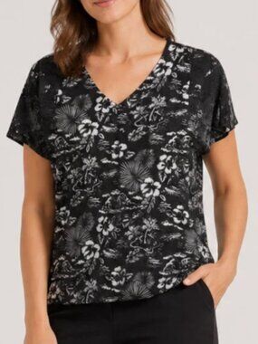 Chicos Size 1 Medium (8) Black Burnout Top Floral V Neck Short Sleeve Layered
